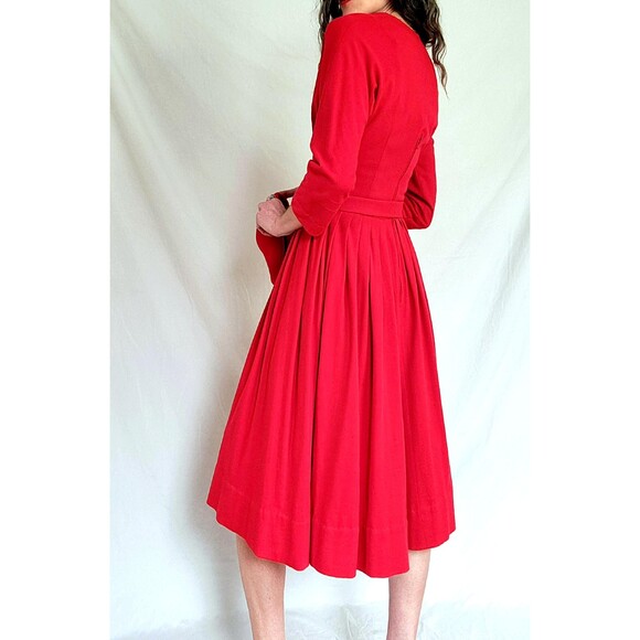 Vintage 1940s Red Wool Dress, Matching Hat, Rhinestone Belt, Women's Small - Picture 4 of 16